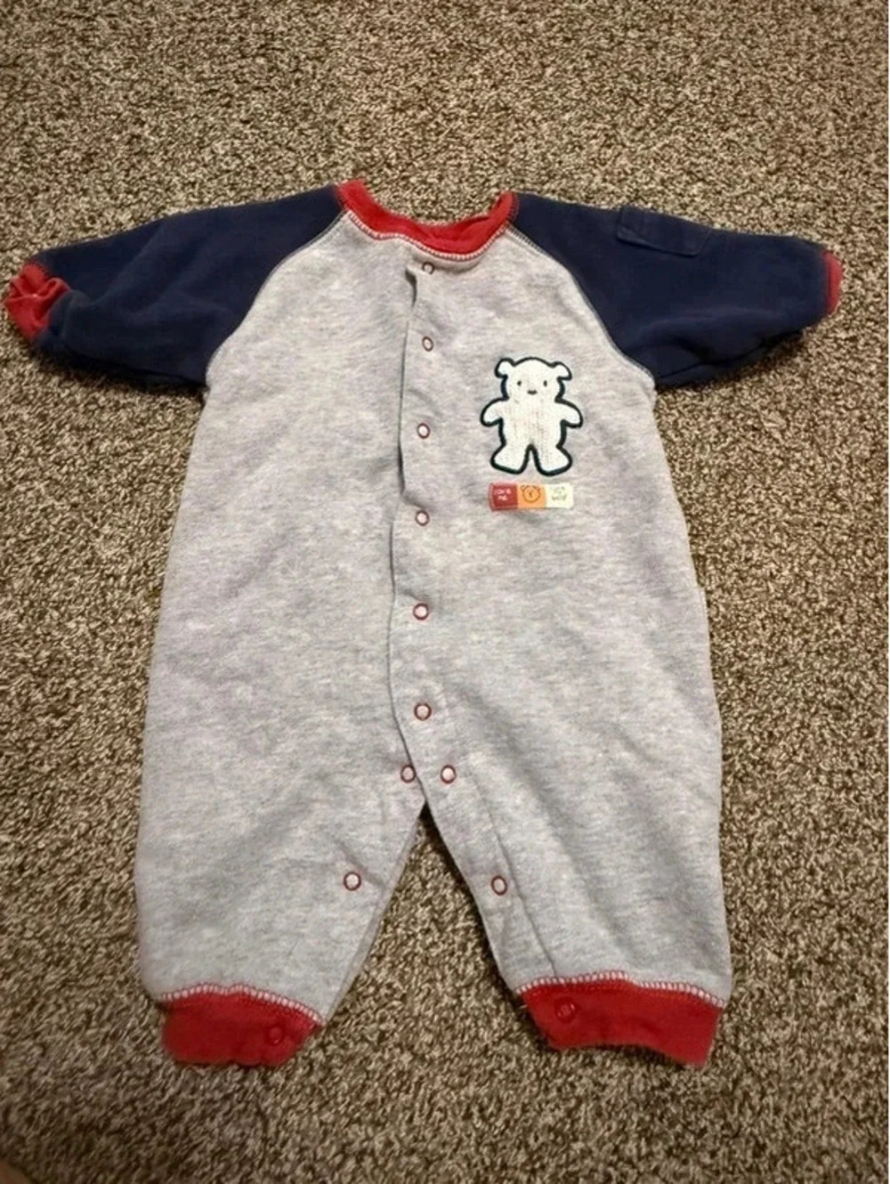 Vintage Carter’s Baby 3 Months Gray Bear Fleece One Piece Romper Red Navy